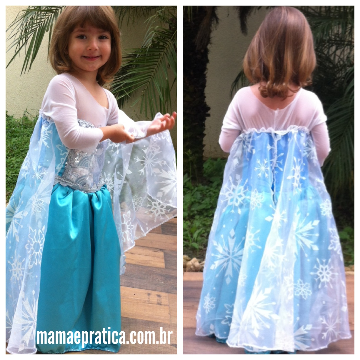 Manu mostrando a capa de seu vestido da Elsa